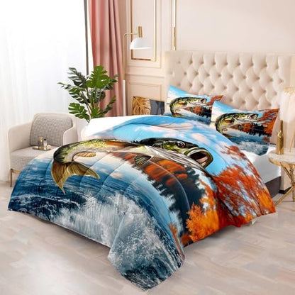 LUVIVIHOME 2PCS Fishing Comforter Set Twin Size, Bass Fish Bedding for Kids Teens Boys, Lake Forest Wildlife Animal Country Rustic Farmhouse Hunting Bedroom Decor, Soft Microfiber Quilt, 1 Pillow Sham