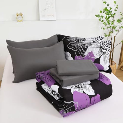 Luxudecor Floral Comforter Set Twin Size, 5 Pieces Bed in a Bag Purple Floral Comforter and Sheet Set, Soft Microfiber Complete Bedding Sets for All Seasons