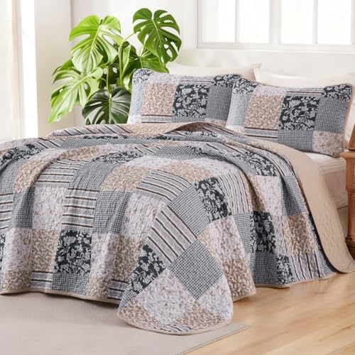 Mybedsoul Boho Quilt King Size, Patchwork Bedding Set, Blue Brown