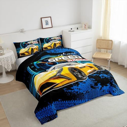 Boys Race Car Toddler Comforter Set,Kids Speed Racing Car Bedding Set for Boys Children Girl,Black And White Plaid Checkered Flag Bedding Comforter Sets,Speed Dashboard Automobile Extreme Sport Quilt