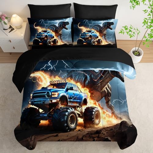 AILONEN Boys Dinosaur Comforter Set Queen,7Pcs Cartoon Monster Truck Bed in a Bag for Kids,Soft Breathable,3D Printed Comforter & Fitted Sheet with Flat Sheet & 2 Pillowcases,2 Pillow Shams,Black