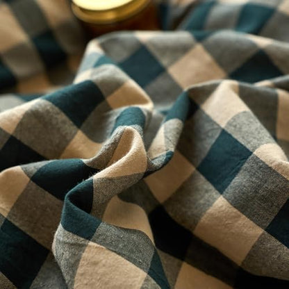 LifeTB Gingham Duvet Cover Full Size, 3 Piece Vintage Green Beige Plaid Checkered Bedding Set, Breathable 100% Washed Cotton Grid Comforter Cover, Farmhouse Buffalo Plaid Duvet Cover with Zipper