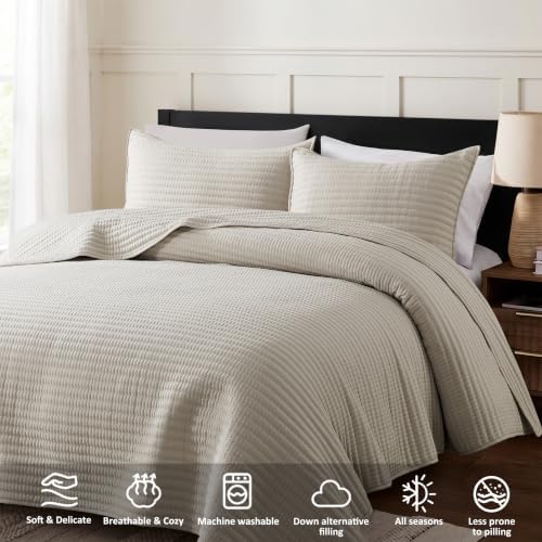 WDCOZY California King Size Quilt Set, 3 Pieces 118x106 inches, Beige