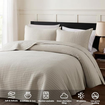 WDCOZY Queen Size Pick Stitch Quilt Set, 3 Pieces 90x90 inches, Beige
