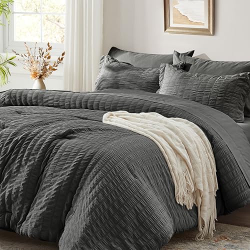 King Size Comforter Set 7 Piece, Dark Grey Bed in a Bag King Bedding Sets