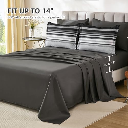 Dobuyly Grey Comforter Set King Size 7 Piece, Boho Striped Bed in a Bag King Soft Microfiber Dark Gray Bedding Sets with Comforter, Sheets, Pillowcases & Shams All Season