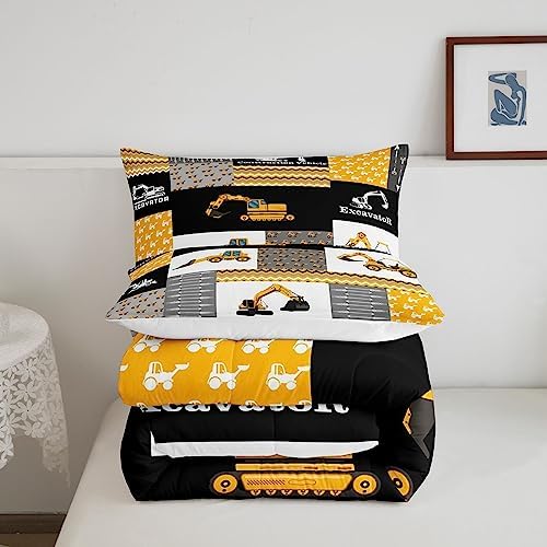 Feelyou Excavator Comforter Construction Vehicles Comforter Set Equipment Trucks Bedding Set for Children Kids Boys Girls Cartoon Car Duvet Set Geometric Lattice Room Decor Quilt Set Full Size Yellow