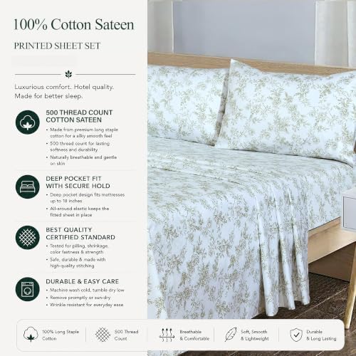 Feather & Stitch 100% Cotton Sateen 500 TC Queen Size Bed Sheet Set
