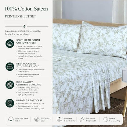 Feather & Stitch 100% Cotton Sateen 500 TC Queen Size Bed Sheet Set