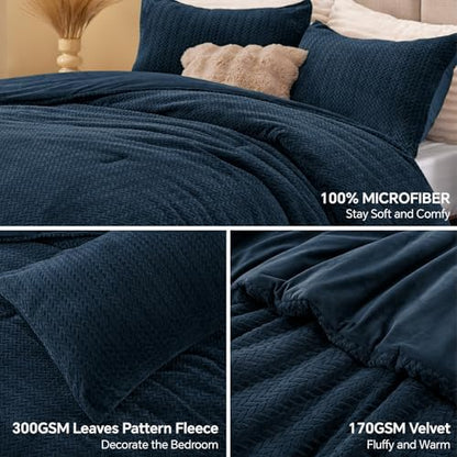 ChiXpace Fleece Full Size Comforter Set Navy, Fluffy Bed Set 3 Pieces