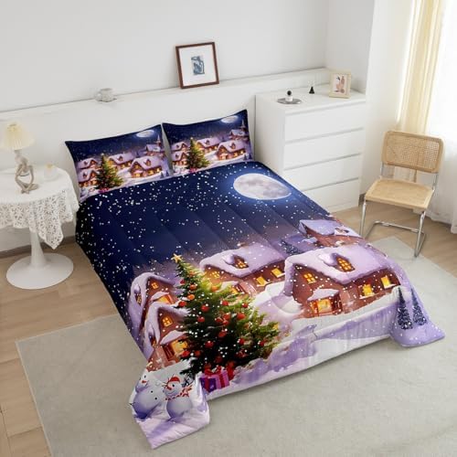 Castle Fairy Christmas Trees Comforter Set Queen Size Santa Claus and Snowman Bedding Set for Kids Boys Girls Bedroom Decoration Starry Sky Bed Duvet Insert Snow Scene Comforter with 2 Pillowcase