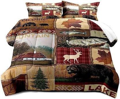 LUVIVIHOME 3PCS Cabin Comforter Set Queen Size, Bear Fish Deer Elk Moose Forest Animal Wildlife Hunting Fishing Red Buffalo Plaid Patchwork Quilt Country Lodge Rustic Farmhouse Bedding, 2 Pillow Shams