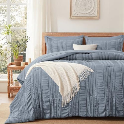 DHSFKBE Blue Tufted Comforter Set Queen Size 7 Piece Bed in a Bag，Shabby Chic Boho Bedding for Bedroom Comforter，All Season Soft Microfiber Ruffle Comforter Set with Pillow and Sheets