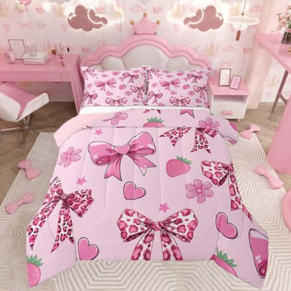 jejeloiu Bowknot Leopard Bedding Set Adults Girls Comforter Set Full Size