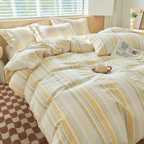 Mucalis Yellow Striped Duvet Cover King Duvet Cover 100% Washed Cotton Duvet Cover Set Colorful Striped Pattern Vintage 3 Piece Bedding Set with Zipper Closure Corner Ties, Breathable Comfortable