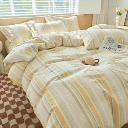 Mucalis Yellow Striped Duvet Cover King Duvet Cover 100% Washed Cotton Duvet Cover Set Colorful Striped Pattern Vintage 3 Piece Bedding Set with Zipper Closure Corner Ties, Breathable Comfortable