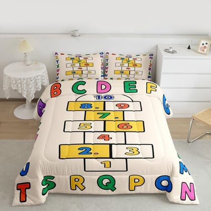jejeloiu Alphabet ABC Bedding Set Soft for Boys Girls, Number Learning Comforter Set Full Size Colorful Educational Duvet Quilt Microfiber Bedroom Decor 3 Pcs with 2 Pillow Cases