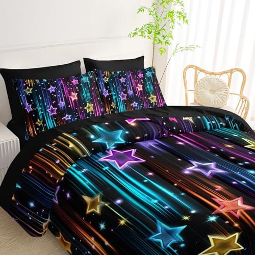 QOOMO Glitter Star 7 Pieces Comforter Set Twin Size,Neon Star Bedding Set