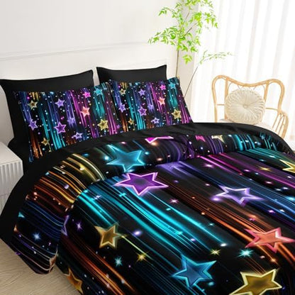 QOOMO Glitter Star 7 Pieces Comforter Set Twin Size,Neon Star Bedding Set
