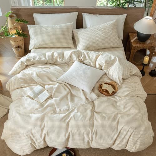 MooMee Gingham Duvet Cover Set 100% Washed Cotton Linen Like