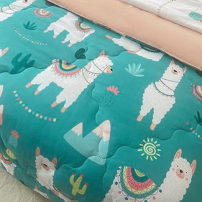 Wajade Kids Cute Llama Comforter Set Bed in A Bag Full Size 7 Piece Green Alpaca Tropical Plant Bedding Set for Girls Boys (1 Comforter, 1 Flat Sheet, 1 Fitted Sheet, 2 Pillowcase and 2 Pillow Sham)