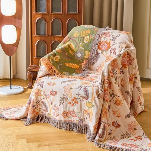 VANJOROY Boho Throw Blanket, 100% Organic Cotton Breathable Ultra Soft 91" x 108" King Bed Quilt Throw - All Season Floral Rustic Farmhouse Decor Luxury Blanket for Sofa Couch Chair and Gift