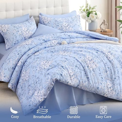 King Size Comforter Set 8 Pieces Blue Floral Bed in a Bag Comforter Sets
