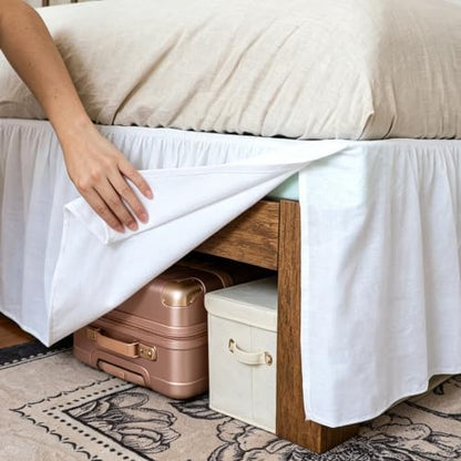 FALUCA Corner Split 16" Bed Skirt - Drop Linen Blend & Platform Pure Cotton, Wrap Around Tailored Drop Dust Ruffle for Farmhouse & Bedrooms, Breathable Cozy, Easy-Fit Bedding (Queen White 16")