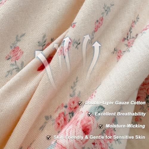 VM VOUGEMARKET Lace Ruffled Duvet Cover Set Twin,Vintage Pink Rose Flower Bedding Set,Double-Layer Gauze Cotton Soft,Breathable & Lightweight for Girls-68 x86