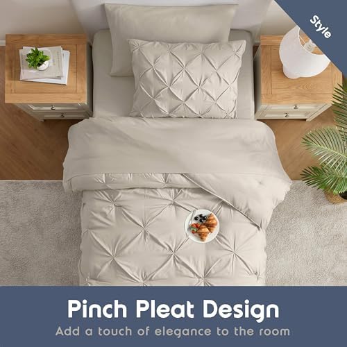 Nestl 7 Piece Twin XL Comforter Set – Beige Pinch Pleated Bed in a Bag – Complete Twin XL Size Bedding Set with Sheets, Set of 2 Cooling Pillows, Pillowcase and Sham