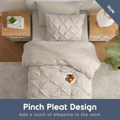 Nestl 7 Piece Twin XL Comforter Set – Beige Pinch Pleated Bed in a Bag – Complete Twin XL Size Bedding Set with Sheets, Set of 2 Cooling Pillows, Pillowcase and Sham