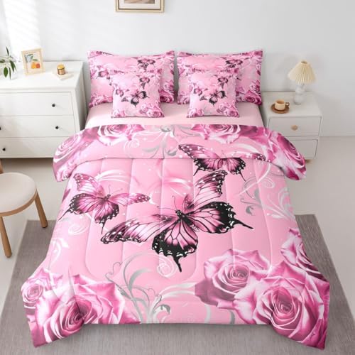 Feelyou Cute Butterfly Comforter Set with Sheets 7 Piece Twin Size