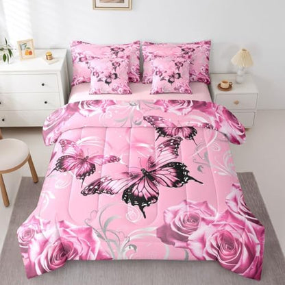 Feelyou Cute Butterfly Comforter Set with Sheets 7 Piece Twin Size