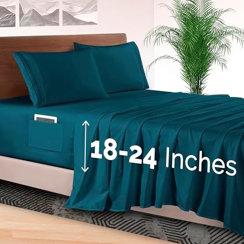 Elegant Comfort 4-Piece Bed Sheet Set - Luxury Bedding 1500 Premium Hotel Quality Microfiber, All Around Elastic 18-24 Inches Deep Fitted Sheet- Extra Deep Pocket Sheets, California King, Marine Teal