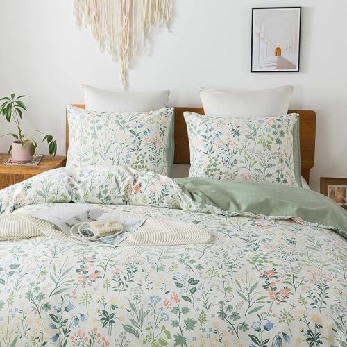VM VOUGEMARKET Green Flower Duvet Cover Set Queen for Teen Girls,90"x90"