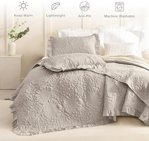 Masaca Oversized King Bedspread(118"x106"),Ruffled Farmhouse Shabby Boho Chic California King Quilt Set Oversized Linen Colored Crinkled Lightweight Rustic Stone-Washed Microfiber Bedding Set
