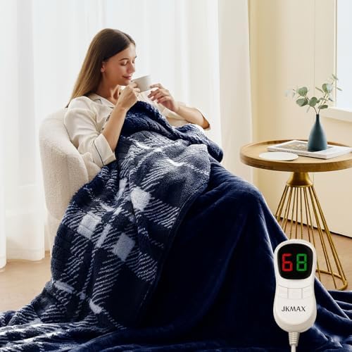 JKMAX Heated Electric Blanket King Size - 100"x90" Flannel Heating Blanket with 10 Heating Levels & 5 Time Settings Over-Heat Protection, Winter Warmer for Adults with ETL Certification（Navy Blue）