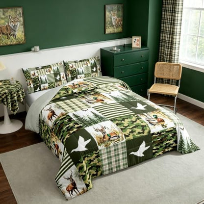 Feelyou Wild Duck Bedding Set Soft for Boys Girls, Cute Deer Comforter Set King Size Wildlife Hunting Duvet Quilt Microfiber Green Camo Decor Bedroom Decor 3 Pcs with 2 Pillow Cases