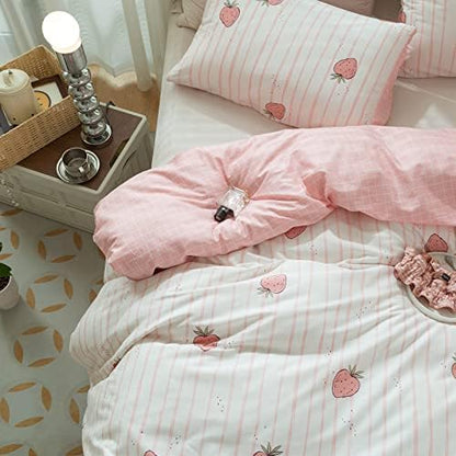 Pink Strawberry Duvet Cover Set Twin Kids Girls Kawaii Bedding Set 100% Cotton Fruit Strawberry Comforter Cover for Teens Children Boys Lovely Cartoon Kids Kawaii Bedroom Collection with 2 Pillowcases