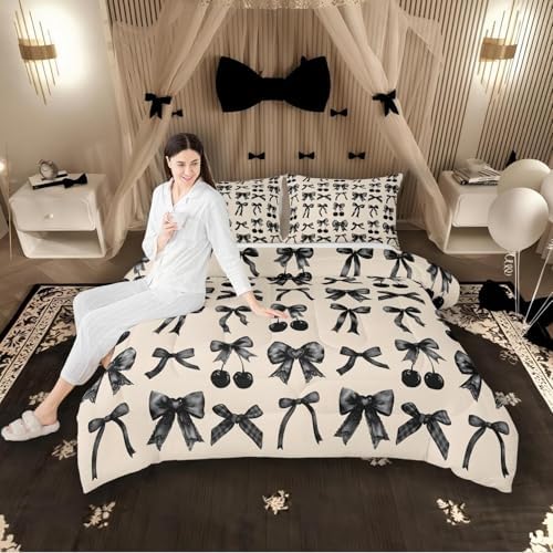 Erosebridal Black Cherry Bow King Size Comforter Set with Sheets Cute Silk Ribbon Bowknot 7 Piece Bedding Set, Princess Bow Tie Dreamy Kawaii Bed in a Bag, Princess Room Decor Aesthetic