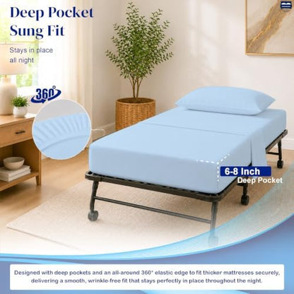 Cottingon 4 PC Cot Sheet Set 25"X75", Egyptian Cotton, Light Blue