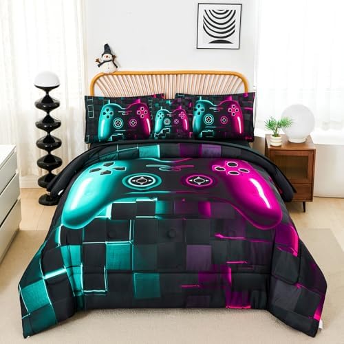 PERFEMET 6 Pcs Boy Gamer Full Bed in a Bag Purple and Teal Gaming Comforter