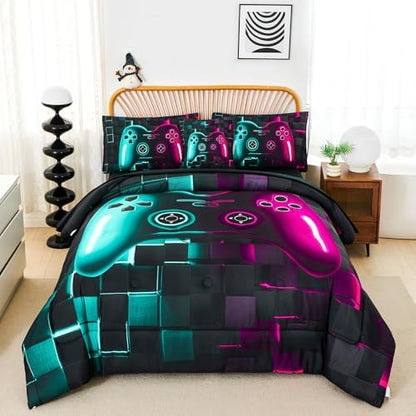 PERFEMET 6 Pcs Boy Gamer Full Bed in a Bag Purple and Teal Gaming Comforter