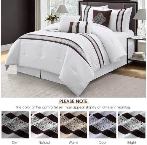 LANCO MODERN LIFESTYLE 7 Piece Comforter Set, Coffee White, California King, Boho Style Geometric Microfiber Embroidery, Bed in a Bag with Bedskirt, Pillow Shams and Decor Pillows