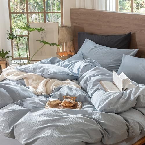 MooMee Wavy Striped Duvet Cover Set 100% Washed Cotton Linen Like Textured Breathable Durable Soft Comfy (Cornflower Blue, Super King 108"x98")