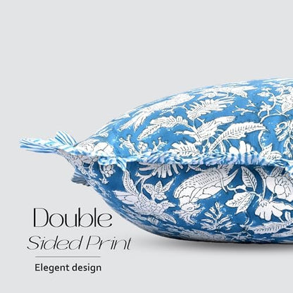 CPC Block Print Blue Sapphire Ruffle Cotton Lumbar Pillow Cover 14x36 inch