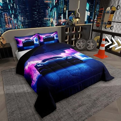 Erosebridal Boys Race Car Toddler Size Bedding Set,Extreme Sports Car Bed for Boys Kids,Purple Black Kids Racing Car Comforter,Cool Speed Luxury Car Decor Quilt Set Soft for All Season Bedroom Decor