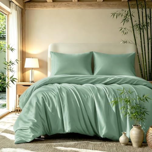 Queen Duvet Cover Set 3 Pieces, 100% Organic Viscose derived from Bamboo, Luxuriously Soft & Cooling, 1 Duvet Cover and 2 Pillowcases, 90" x 90"(Queen, Sage Green)