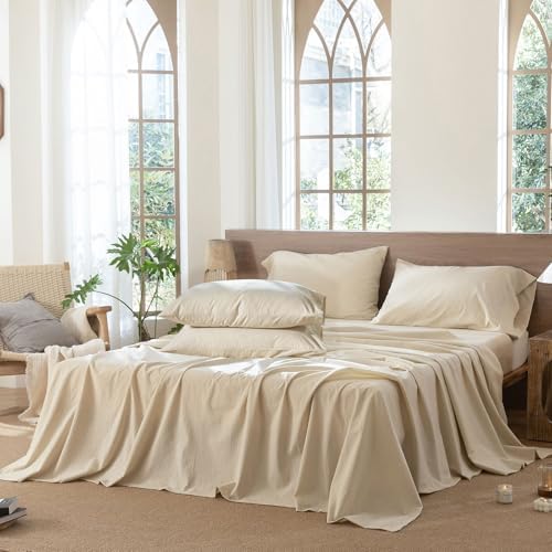 MooMee Sheet Set 100% Washed Cotton Linen-Like Extra Deep Pocket Queen