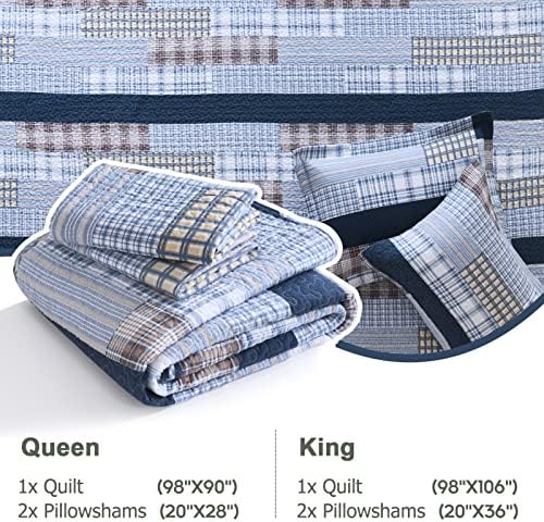 Finlonte Quilt Queen Size 100% Cotton Queen Size Quilts Blue Beige White Bedspreads Plaid Quilts Lightweight Soft Breathable Bedding Sets for All Season, 3 Piece